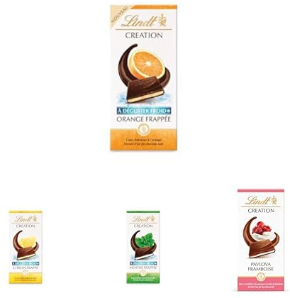 Lindt - Lot de 4 tablettes CRÉATION Pavlova Framboise, Citron Frappé, Orange Frappée, Menthe Frappée, 4x150g