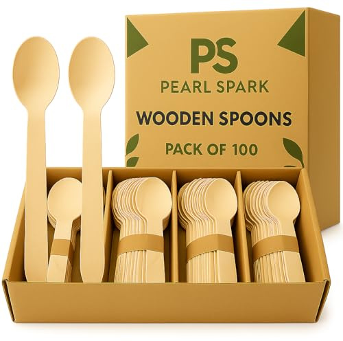 Wooden Spoons 100 Pack | 100% Biodegradable & Compostable Disposable Cutlery - Strong Eco Friendly Natural Wood Spoons for Parties, Catering, Takeaway & Everyday Use | Pearl Spark
