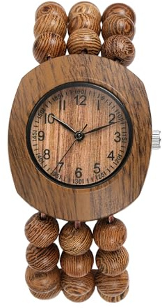 JewelryWe Wooden Watch for Women: Handcrafted Tonneau Buddhist Beaded Wood Ladies Bohemian Stretch Band Analog Quartz Bracelet Wristwatch