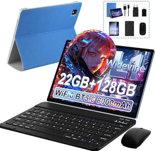 JUEDUR Tablet 10 pollici Android 14,22GB RAM+128GB ROM(1TB TF) /Widevine L1/8000mAh/Octa-Core/2.0Ghz/5G WiFi 6/ 8MP+5MP/BT 5.0/Tablet con Tastiera+Custodia+Mouse - Blu