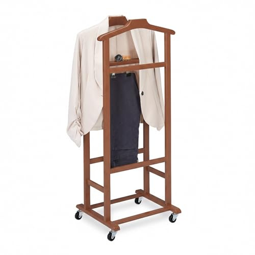 Relaxdays Herrendiener auf Rollen, Stummer Diener, Premium-Bambus, Kleiderablage Schlafzimmer, HBT: 107x47x37 cm, braun | Kleiderablage Schlafzimmer, HBT: 107x47x37 cm