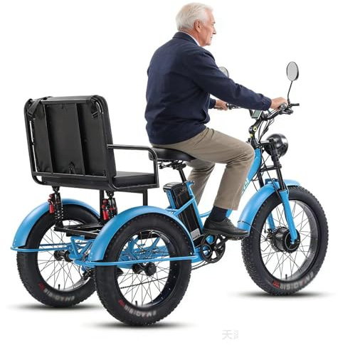 Wasd3Pods Fat-Tire-Dreirad Für Erwachsene Mit Korb – 20-Zoll-Elektro-Dreirad Mit Carbonstahlrahmen – 3-Rädriges Freizeitrad – Elektrisches Lastendreirad Für Senioren Blue-withseat