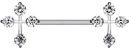 beyoutifulthings Brustwarzen-Piercing 2 ZIRKONIA KREUZE Brust-Piercing Nippel-Piercing Edelstahl Silber Clear Stab 1,6mm 14mm