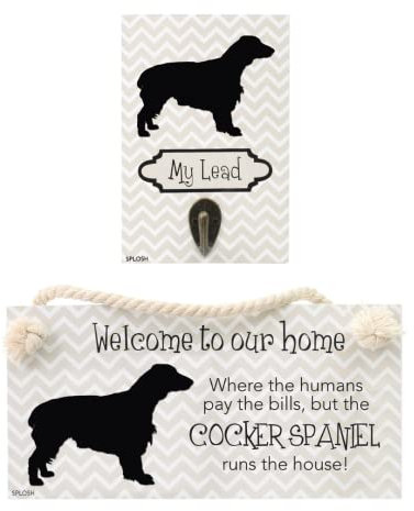 Splosh Cocker Spaniel Precious Pet Collection. Wooden Dog Lead Hook & Plaque, Accessories Set with Dog Lead Holder, House Sign