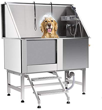 Z ZELUS Professionelle Hundebadewanne Hundedusche Hundeplegewanne Hundewanne Badewanne Hunde Hundebadewanne Große Hunde Edelstahl 304 mit Gestell, Ablauf, Treppen für Haustierpflege