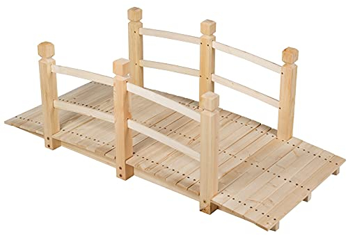 GOPLUS Holzbrücke aus Tannenholz, Gartenbrücke bis 100 kg, Teichbrücke Braun, Zierbrücke mit Geländer, 150x67x55cm (Natur)