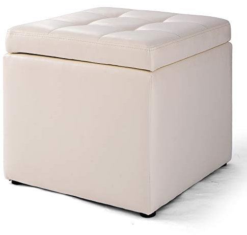 GOPLUS Sitzhocker mit Stauraum, Aufbewahrungshocker mit Deckel, Sitzwürfel aus PU, Sitzbox Farbwahl, Aufbewahrungsbox aus Holz, Polsterhocker 40x40x40cm (Cremeweiß)