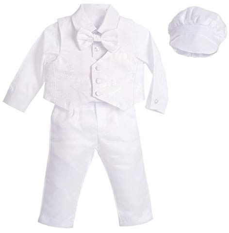Lito Angels - Completo Abito Bianco da Battesimo per Bimbo, 5 Pezzi Set (Gilet, Camicia, Pantaloni, Papillon e Cappello), Taglia 6-9 Mesi, Manica Lunga, Floreale (Etichetta in Tessuto 0S)