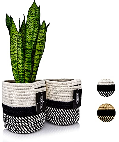 HIDEBLOOM | Strickkorb | 2er Set - 16x16cm- Schwarz/Weiß | Übertopf | Blumentopf geflochten | Blumentopf Korb | Aufbewahrungskorb | Flechtkorb | Pflanzenkorb | Korb Aufbewahrung | Pflanzentopf