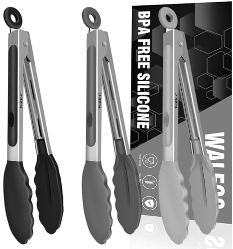 Walfos Kleine Silikonzange zum Kochen, 17,8 cm, Mini-Küchenzange, Edelstahl mit Silikonspitzen, ideal zum Kochen, Wenden, Lebensmittelzangen, 3er-Set