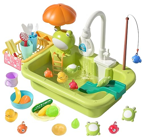cute stone Play Sink with Running Water, Kitchen Sink Toys with Upgraded Electric Faucet, Play Kitchen Toy Accessories, Pool Floating Fishing Toys for Water Play, Kids Role Play Dishwasher Toy