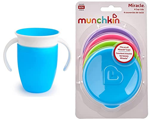 Munchkin Vasos de Entrenamiento Antiderrames 360°, Ideal para Bebés y Niños, 7 oz/207 ml, Azul, Pack de 4 con Tapas a Prensa para Viajes
