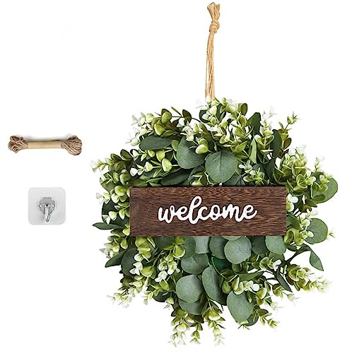 Creperture 35 cm Künstlicher Eukalyptusblatt, Künstliche Grüne Blätter Kranz mit Willkommensschild Dekorative Künstliche Blumengirlande für Haustür, Wand, Fenster, Veranda, Dekoration