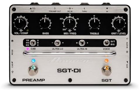 AMPEG SGT-DI Bass Preamp – Fußschaltbarer Ampeg-Preamplifier mit SVT/B15-Voicings, IR Loader, 3-Band-EQ mit durchstimmbaren Mitten, Kompressor und Ultra-Hi/Ultra-Lo-Schaltern – Silber Schwarz
