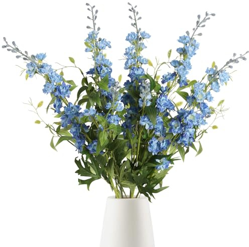 IPOPU Blue Silk Flowers - 9PCS Artificial Flowers Combo: Blue Delphinium, Clematis Greenery, 33.5 Long Stem for Tall Vase, Bluebonnet Decor, Floral Centerpiece, Bridal Bouquets for Wedding