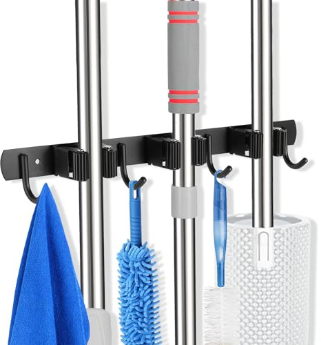 voze 3 Racks and 4 Hooks Mop and Broom Holder Wall Mount, Self Adhesive Heavy Duty Broom Organizer Storage Tool Racks for Kitchen Garden Laundry Garage