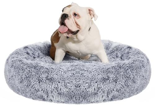 Feandrea hundbädd fluffig, kattbädd, donut-kudde, tvättbar, avtagbar stoppning i mitten, lång plysch, 90 cm diameter, ombré grå PGW041G01