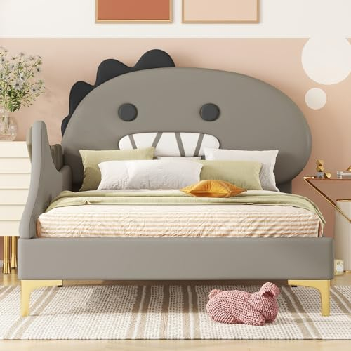Skcess 90X200Cm Kinderbett, Cartoon Dinosaurier Form, Flachbett, Pu Material, Grau