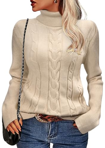 heekpek Women's Jumpers Long Sleeve Tops Turtle Neck Pullover Ladies Cable Knit Sweaters Kknitted Roll Neck Jumpers Soft Warm Knitwear, Apricot, S