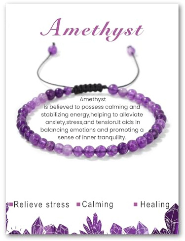 LOCCY Echtes Naturstein Armband für Damen, 4mm Verstellbare Natursteinarmband Perlenarmband Yoga Armband für Fraun Mädchen für Muttertag Geburtstag Valentinstag Weihnachten Geschenke (Amethyst)