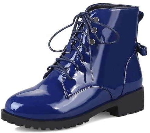 Klarmar Mujer Invierno Charol Combat Botas Militares Punta Rojoonda Exterior Warm Block Mid Botas Lazostie Ankle Botín Azul Talla 36.5 EU/37 CN/23.5CM