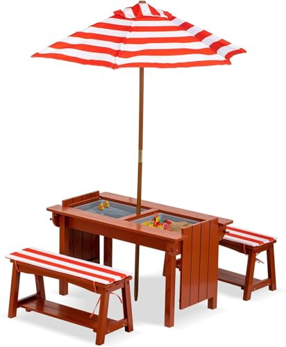 BRINJOY Kindersitzgruppe mit Sonnenschirm, Kinder Picknicktisch mit Sitzpolster und 2 abnehmbare Boxen, 4-in-1 Kinder Sand und Wasser Aktivitätstisch Aufbewahrungsabdeckung für Terrasse, Garten(Rot)