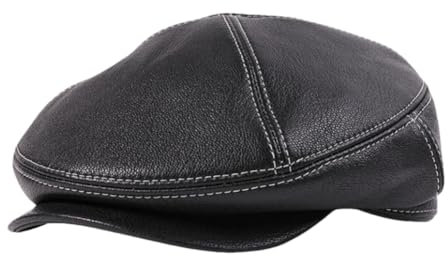 Herren Retro Lederhut Schaffell Flache Kappe Echtes Leder Baskenmütze Britischer Stil Efeu Caps, Schwarze Mütze, weiße Linie, Einheitsgröße
