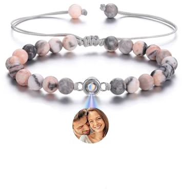PiercingJak Bild Projektion Armband mit Foto im Stein Damen Herren Perlenarmband 6mm Edelstein Armbänder Einstellbar Kugelarmband Personalisierte Geschenke für Mann Frauen
