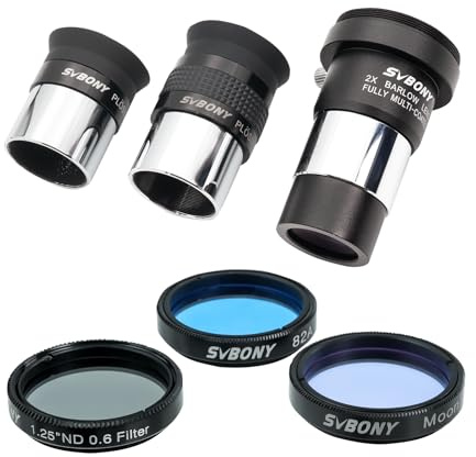 SVBONY SV233 7-Piece Eyepiece & Filter Accessory Kit, Includes Two 1.25” Eyepieces, 2X Barlow Lens, Three Filters and Hard Case Black, Telescope Eyepiece Set for Beginner Astronomical Observations