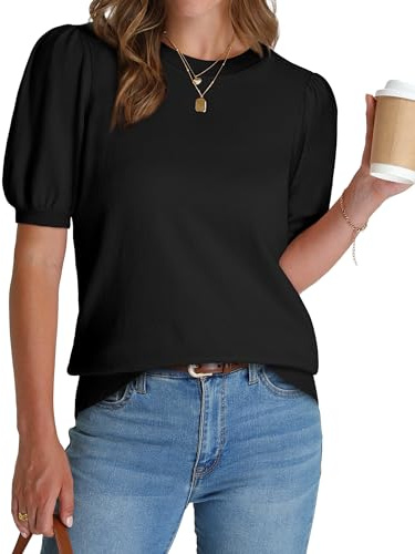 Womens Summer Tops Short Sleeve Shirts Business Casual Outfits Spring Tops Puff Sleeve Sweaters Teacher Work Office Ladies Top Blouses Beach Vacation Clothes Resort Wear for Women 2026 Trendy Black XL