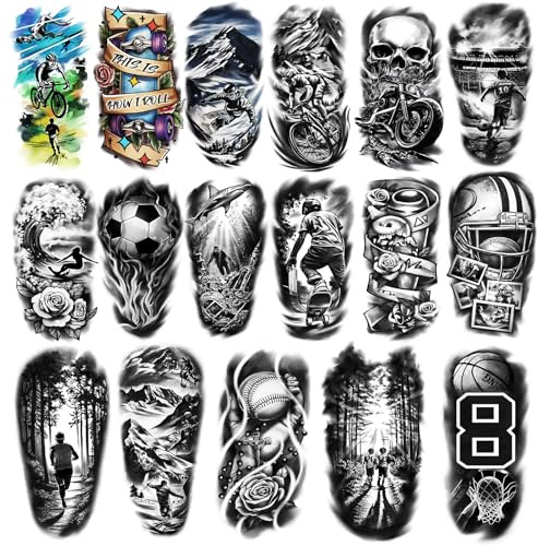 Sport Temporary Tattoos for Adult Kids, 77 Sheets Black Fake Tattoo Realistic and Waterproof, Basketball Football Skiing Tattoo Design for Sports Enthusiast, Large Tattoos Temporary for Men Women