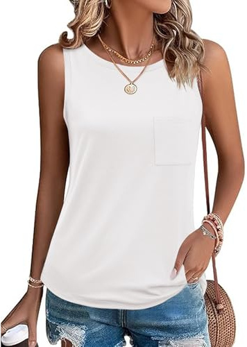 Zeagoo Damen Weiß Tank Top Ärmellose Blusentop Sommer Basic Tops mit Tasche Einfarbig Oberteile Lässige Weste Rundhals Shirt Weiß M
