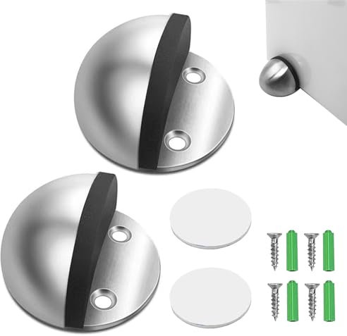 2Pcs Floor Door Stoppers,Door Stoppers for Floor,Stainless Steel Door Stops Oval Floor Mounted with Screws&Self-Adhesive Pads,Floor Mounted Half Moon Doorstop Wall Protector Door Stop for Home Office
