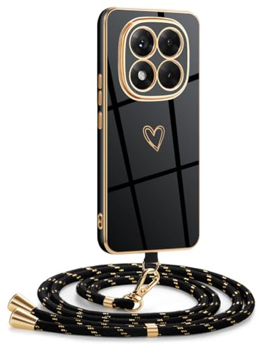 Mkej Coque pour Xiaomi Redmi Note 14 Pro 5G avec Cordon, Coque avec Collier Motif Coeur d'amour Silicone Galvanisé Housse, Réglable Amovible de Cordon Case pour Xiaomi Redmi Note 14 Pro 5G, Or Noir