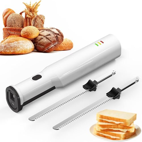 Couteau à Découper La Viande électrique, Couteau Trancheur De Viande sans Fil, Couteau à Pain avec 2 Lames Dentelées en Acier Inoxydable De 8 Pouces, Déclencheur De Verrouillage De Sécurité