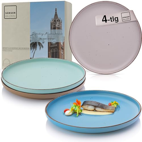 SÄNGER Bombay Meeresboden Teller Set 4 Personen, 4x Speiseteller Set | aus Steingut, Dinner Set kratz- mikrowellen- spülmaschinenfest, Steingut Teller Essteller, Plate Set bunt