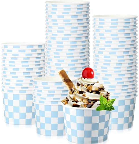 Zopeal 50 Count Light Blue Checkered Ice Cream Cups Disposable 9 oz Ice Cream Bowls Snack Paper Cups Race Car Birthday Party Supplies Sundae Picnic Dessert Yogurt Bowls Plaid for Food