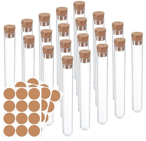 23 Stück Reagenzgläser mit Korken, Transparente Kunststoff Reagenzgläser für Blumen und Labore, 16mm × 150mm, Mit 3 Korken und 20 Reagenzgläsern