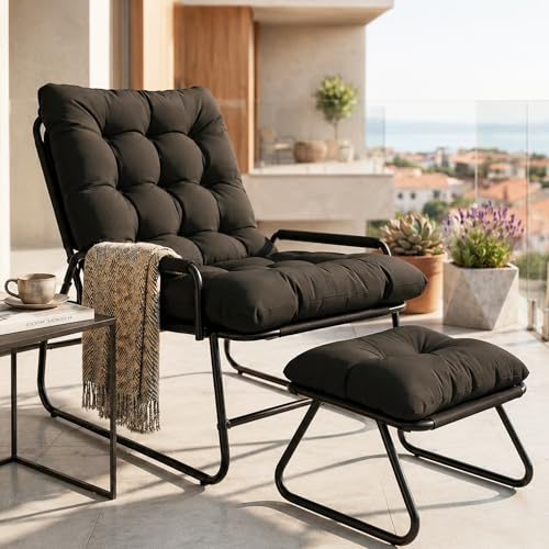 FUOIDYE Loungesessel Outdoor, Gartenliege Liegestuhl Balkonsessel mit Hocker, Relaxsessel Garten, Auflage Abnehmbar, 5-Positionen Liegefunktion für Wohnzimmer,Terrasse, Studie, bis150kg (Schwarz)