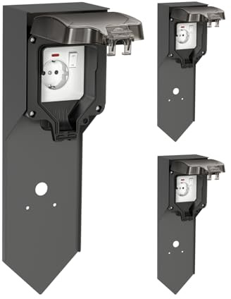 ledscom.de 3x Garten Steckdosensäule POXO mit Erdspieß für außen, IP65, 1-fach, Edelstahl, anthrazit/schwarz, eckig, 40 cm