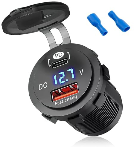 Car Charger Socket USB C 48W Total Output PD Fast Charging QC3.0 Dual Port | Type-C/USB-A Power Outlet Panel 12V/24V LED Voltmeter Cigarette Lighter Adapter Waterproof for Campervan Motorcycle RV Marine