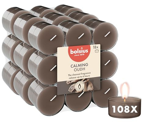 Bolsius - luces de té perfumadas - Madera de oud - 108 piezas - 6 Horaz - tazas transparentes