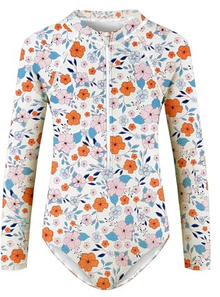Zando UPF50+ Girls Long Sleeve One Piece Swimsuit with Zipper Rash Guard for Kids 8-9 Years - Surfing Swimwear for Summer Beach Swimming Sport Cute Bathing Suit Rashguard Swim Suit Orange Printed