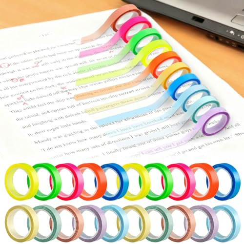 Rbleote 20 Rotoli Strisce Adesive Rimovibili Fluorescenti Colorato, Nastri Adesivi Colorati Fluorescenti, Rimovibili per Libri, Note Adesive Colorate per Studenti e Insegnanti (0,8 cm x 5 m)