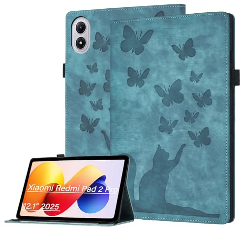 Bemoloon Tab fodral för Xiaomi Redmi Pad 2 Pro 12.1 2025 - PU-läder fällbart surfplattefodral med katt- och fjärilsmönster, integrerat stativ, korthållare, pennhållare, grön katt