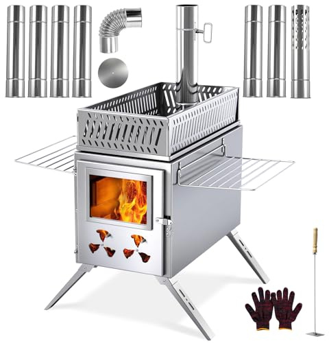 H&ZT Sauna Hot Tent Stove, Portable Wood Burning Stove with Stone Box & 9 Chimney Pipes, Outdoor Rocket Stove Heater for Dry Sauna, Cooking & Winter Heating