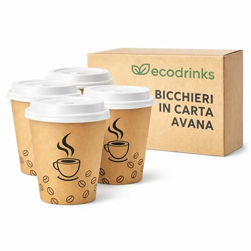 ecodrinks 1000 Bicchieri di Carta con Coperchio da 120ml - Rivestimento Interno Impermeabile, Biodegradabile, Look Professionale - Per Bar, Ufficio, Eventi - Colore Avana e Grafica Caffè