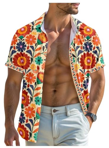 VIPWOLF Men's Hawaiian Cruise Short Sleeve Button Down Shirts Summer Tropical Floral Button Up Beach Vacation Outfit Multicolor Small