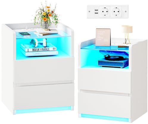 ANWBROAD Nachttisch 2er Set,Nachttisch mit Ladefunktion und LED-Licht, Glasplatte, Nachtschrank mit 2 Schubladen und 1 Offenes Fach, Beistelltisch mit Steckdose und USB-Anschlüssen, Weiß BNS001W