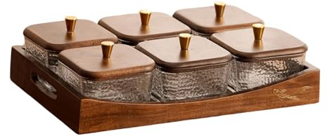 FytStycale Divided Serviertablett mit Deckel Aus Glas Und Holz Obst Und Snackschale mit Mehreren Kammern Aufbewahrungsbehälter für Süßwaren Und Nüsse für Küche, 6 Fächer